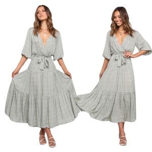 Petal and Pup Green and White Hayden Maxi Wrap Dress Size Large Tie Waist